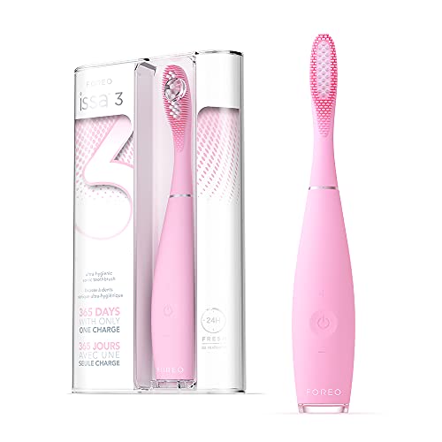 FOREO ISSA 3 Cepillo de dientes sónico, recargable y ultra higiénico con silicona y polímero PBT, cabezal remplazable cada 6 meses, 16 intensidades, 365 días de carga USB,Pink