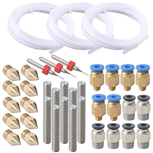 FULARR 38Pcs Profesional 3D Impresora Kit: 3Pcs PTFE Teflón Tubo, 6Pcs PC4-M6 Conector, 6Pcs PC4-M10 Conector, 10Pcs Boquilla Cabezal Impresión, 10Pcs Boquilla Garganta Tubo y 3Pcs limpieza Agujas.