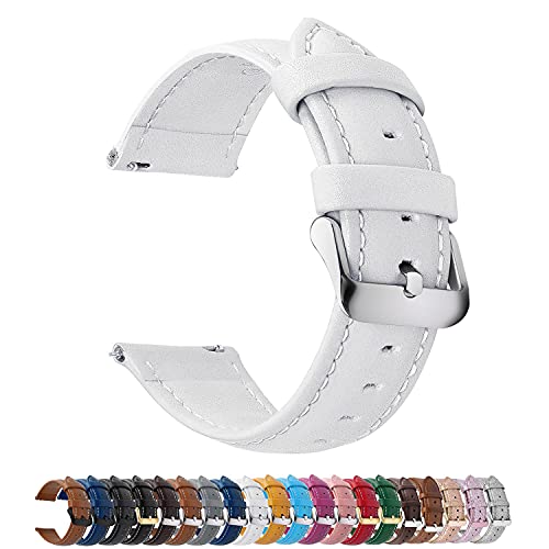 Fullmosa Axus Correa Piel, para Correa Reloj, Huawei Samsung Correa/Banda/Pulsera/Strap 14mm 16mm 18mm 19mm 20mm 22mm 24mm, Blanco + Hebilla de Plata, 18mm