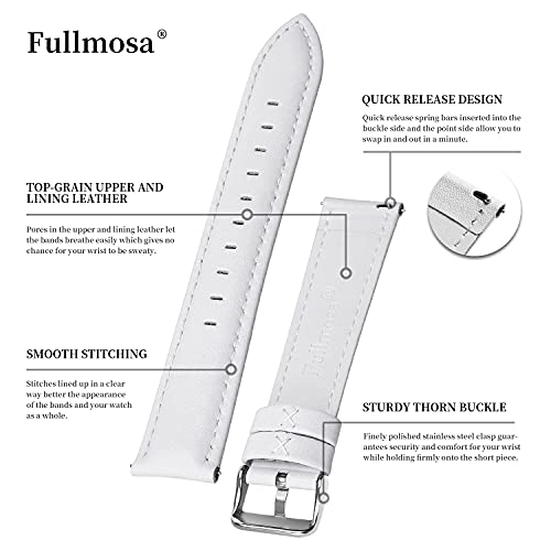 Fullmosa Axus Correa Piel, para Correa Reloj, Huawei Samsung Correa/Banda/Pulsera/Strap 14mm 16mm 18mm 19mm 20mm 22mm 24mm, Blanco + Hebilla de Plata, 18mm