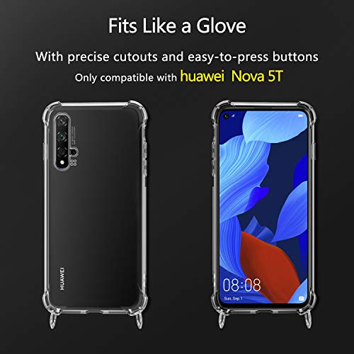 Funda con Cuerda para Huawei Nova 5T / Huawei Honor 20, Carcasa Transparente TPU Suave Silicona Case con Correa Colgante Ajustable Collar Correa de Cuello Cadena Cordón - Oro Rosa