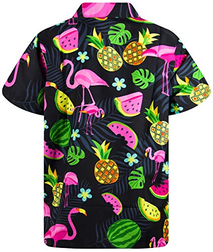 Funky Camisa Hawaiana, Manga Corta, Flamingo Melon, Negro, 4XL