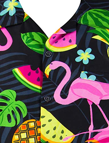 Funky Camisa Hawaiana, Manga Corta, Flamingo Melon, Negro, 4XL