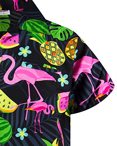 Funky Camisa Hawaiana, Manga Corta, Flamingo Melon, Negro, 4XL