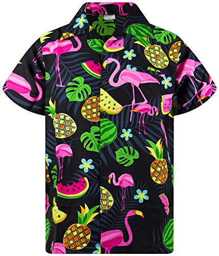 Funky Camisa Hawaiana, Manga Corta, Flamingo Melon, Negro, 4XL