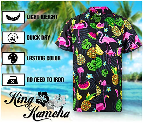 Funky Camisa Hawaiana, Manga Corta, Flamingo Melon, Negro, 4XL