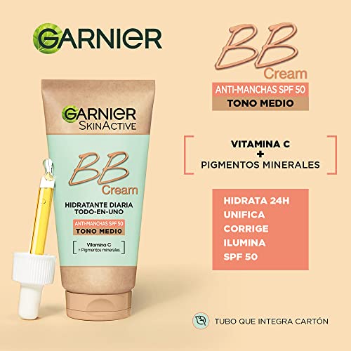 Garnier BB Cream Anti-Manchas Spf 50 Hidratante Todo en uno con color tono medio. Vitamina C, y Pigmentos Minerales, Hidrata, Unifica, Corrige e Ilumina-50ml