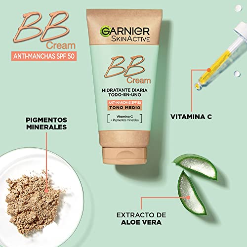 Garnier BB Cream Anti-Manchas Spf 50 Hidratante Todo en uno con color tono medio. Vitamina C, y Pigmentos Minerales, Hidrata, Unifica, Corrige e Ilumina-50ml