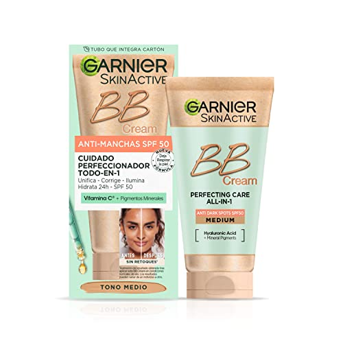 Garnier BB Cream Anti-Manchas Spf 50 Hidratante Todo en uno con color tono medio. Vitamina C, y Pigmentos Minerales, Hidrata, Unifica, Corrige e Ilumina-50ml