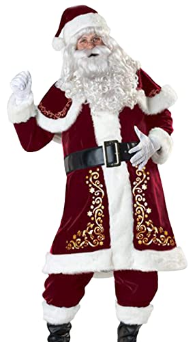 GEMVIE Disfraz de Papá Noel Unisex 9 Piezas Disfraz de Papá Noel Hombre Papá Noel Cosplay Traje de Navidad (XL)