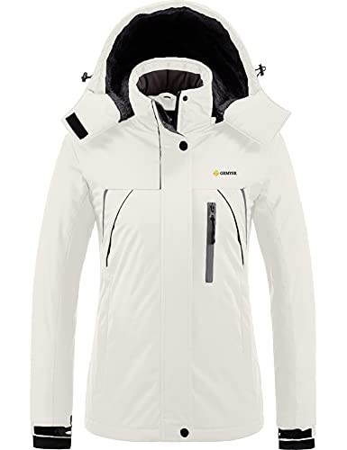 GEMYSE Chaqueta de Esquí Impermeable de Montaña para Mujer Abrigo de Invierno de Lana Antiviento con Capucha (Blanco A1,L)