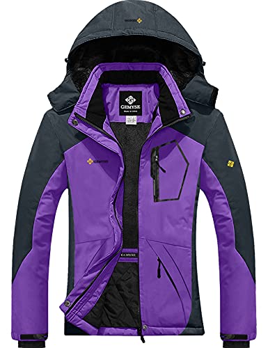 GEMYSE Chaqueta de Esquí Impermeable de Montaña para Mujer Abrigo de Invierno de Lana Antiviento con Capucha (Morado Gris 02,M)