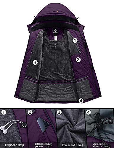 GEMYSE Chaqueta de Esquí Impermeable de Montaña para Mujer Abrigo de Invierno de Lana Antiviento con Capucha (Morado Oscuro,L)