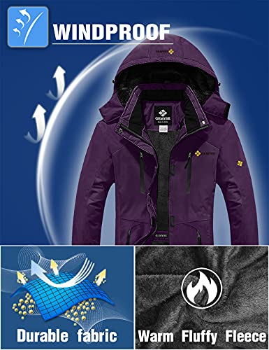 GEMYSE Chaqueta de Esquí Impermeable de Montaña para Mujer Abrigo de Invierno de Lana Antiviento con Capucha (Morado Oscuro,L)