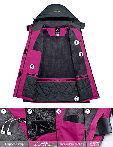 GEMYSE Chaqueta de Esquí Impermeable de Montaña para Mujer Abrigo de Invierno de Lana Antiviento con Capucha (Rosa roja Gris,XXL)