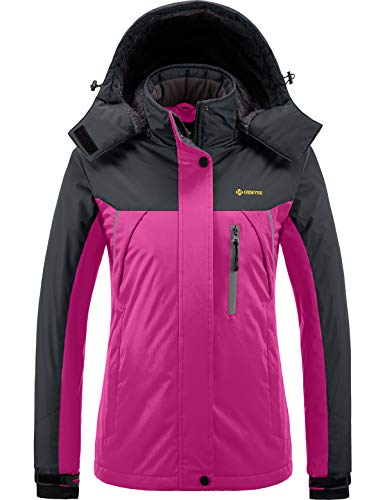 GEMYSE Chaqueta de Esquí Impermeable de Montaña para Mujer Abrigo de Invierno de Lana Antiviento con Capucha (Rosa roja Gris,XXL)