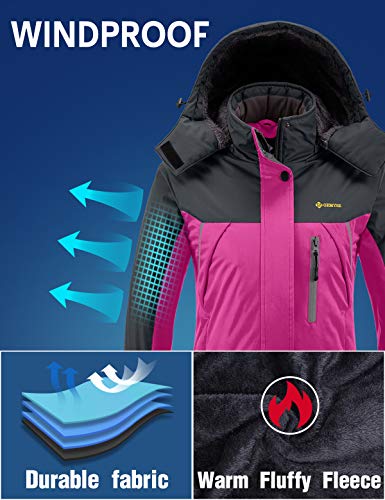 GEMYSE Chaqueta de Esquí Impermeable de Montaña para Mujer Abrigo de Invierno de Lana Antiviento con Capucha (Rosa roja Gris,XXL)