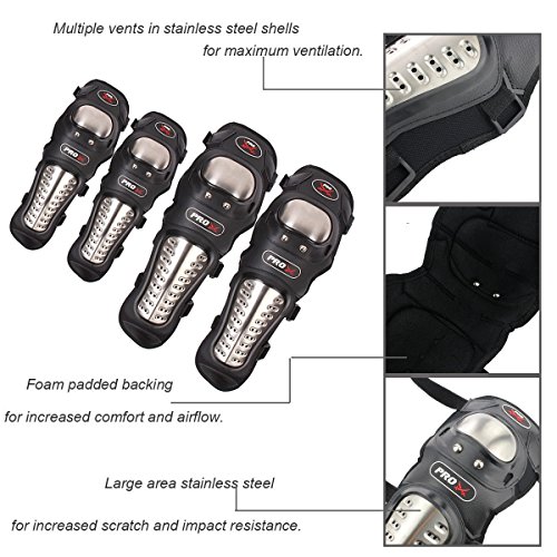 GES 4 PCS Motocicleta y bicicleta Adultos Acero al carbono ATV Motocross Codo Rodillera Shin Guard Pads Protector Kit Motocross Racing (Largo)