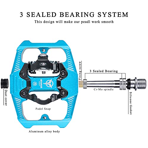 GEWAGE Pedales de bicicleta SPD, pedales de bicicleta de montaña, pedales de dos lados SPD, plataforma ancha antideslizante con 3 rodamientos, pedales ligeros de aluminio de 9/16 pulgadas