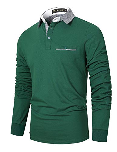 GHYUGR Polo Hombre Manga Larga Camiseta Deporte Clásico Elegante Cuadros Cuello T-Shirt,Verde,L