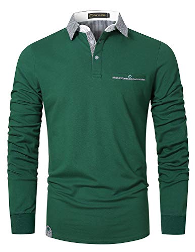 GHYUGR Polo Hombre Manga Larga Camiseta Deporte Clásico Elegante Cuadros Cuello T-Shirt,Verde,L