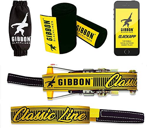 Gibbon Slacklines Classic Line con Treewear, Amarillo, 15 Metros (12,5 m de Banda + 2,5 m Correa de trinquete)