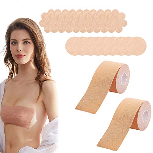 GIHENHAO 2 rollos de Cinta de Levantamiento de Senos y juego de 20 pezones,cinta para el cuerpo, Cinta de Senos, Boob Tape,Sujetador Adhesivo para Copa A-E(16.4pies, 50 mm)