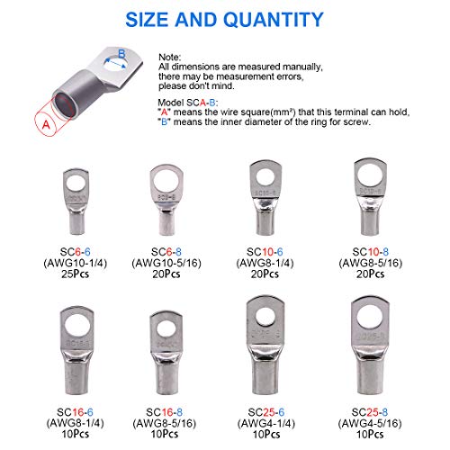 Glarks 125 piezas de grado marino resistente estañado alambre de cobre terminales de cable de batería Ojales terminales de anillo SC Conectores surtido Kit