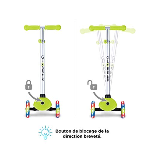 Globber - Primo Lights - Patinete Iluminado de 3 Ruedas para niños de 3 a 7 años +, Verde Lima