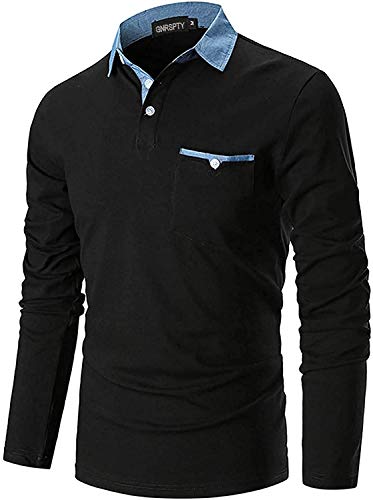 GNRSPTY Polo Hombre Manga Larga Denim Cuello Camisetas Algodón Camisas T-Shirt Golf Tennis Otoño Invierno Oficina,Negro,XL