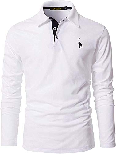 GNRSPTY Polo Manga Larga Hombre Algodon Slim Fit Camiseta Colores de Contraste Bordado de Ciervo Deporte Basic Golf Negocios T-Shirt Top,Blanco,XL