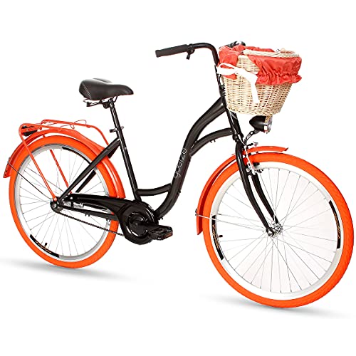 Goetze Bicicleta de ciudad retro vintage holandesa para mujer, ruedas de aluminio de 28 pulgadas, 1 marcha, freno de contrapedal, entrada profunda, cesta con acolchado gratis.