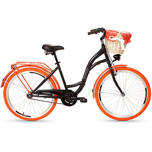 Goetze Bicicleta de ciudad retro vintage holandesa para mujer, ruedas de aluminio de 28 pulgadas, 1 marcha, freno de contrapedal, entrada profunda, cesta con acolchado gratis.