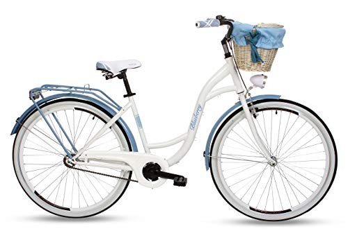 Goetze Blueberry - Bicicleta de ciudad vintage para mujer, estilo holandés, 1 marcha sin cambios, de nivel bajo, freno de contrapedal, ruedas de aluminio de 28 pulgadas, cesta con acolchado gratis.