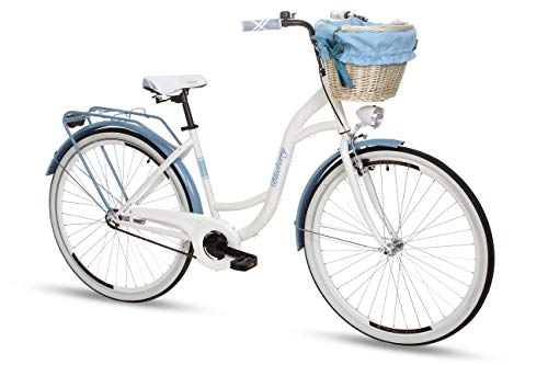 Goetze Blueberry - Bicicleta de ciudad vintage para mujer, estilo holandés, 1 marcha sin cambios, de nivel bajo, freno de contrapedal, ruedas de aluminio de 28 pulgadas, cesta con acolchado gratis.