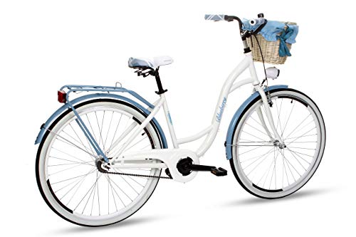 Goetze Blueberry - Bicicleta de ciudad vintage para mujer, estilo holandés, 1 marcha sin cambios, de nivel bajo, freno de contrapedal, ruedas de aluminio de 28 pulgadas, cesta con acolchado gratis.