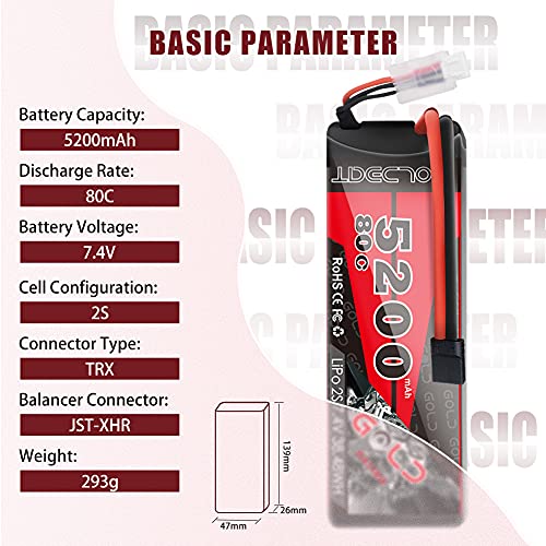 GOLDBAT Batería RC 2S 7.4 V 80C 5200 mAh Batería Lipo Estuche rígido Paquete Compatible con Conector TRX para RC Buggy camión Barco RC camión Traxxas LOSI HPI RC Hobby (2 Paquetes)