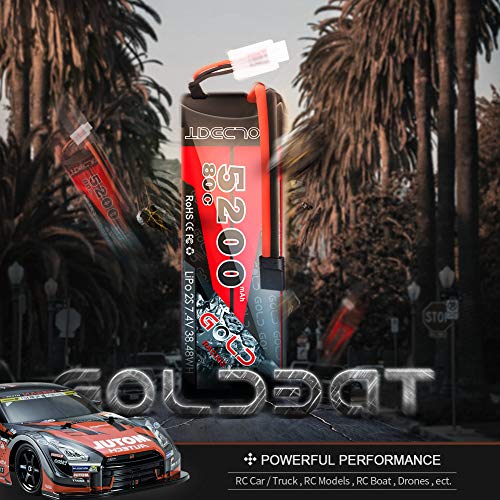 GOLDBAT Batería RC 2S 7.4 V 80C 5200 mAh Batería Lipo Estuche rígido Paquete Compatible con Conector TRX para RC Buggy camión Barco RC camión Traxxas LOSI HPI RC Hobby (2 Paquetes)