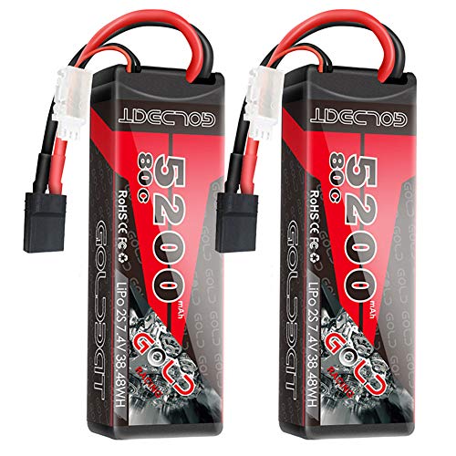 GOLDBAT Batería RC 2S 7.4 V 80C 5200 mAh Batería Lipo Estuche rígido Paquete Compatible con Conector TRX para RC Buggy camión Barco RC camión Traxxas LOSI HPI RC Hobby (2 Paquetes)