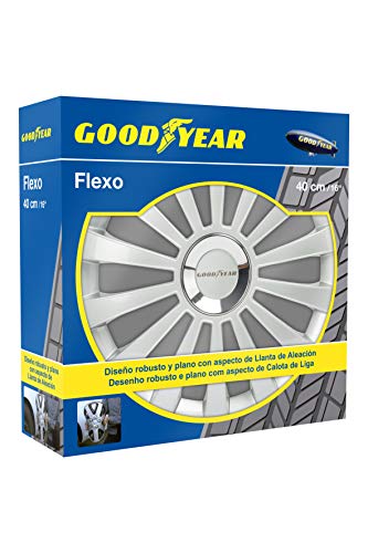 Goodyear GOD9031 1 Juego de 4 tapacubos Color Plata de 16” con tecnología Flexo y Anillo de sujeción Ajustable, Set de 4