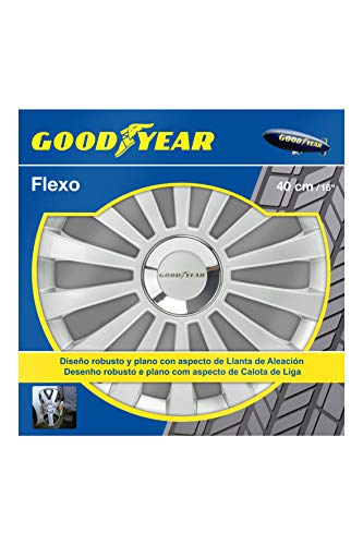 Goodyear GOD9031 1 Juego de 4 tapacubos Color Plata de 16” con tecnología Flexo y Anillo de sujeción Ajustable, Set de 4