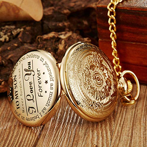 GORBEN Relojes de bolsillo grabados con texto en inglés "I Love You Forever" y cadenas de clip para llavero de cuarzo, Color dorado.,