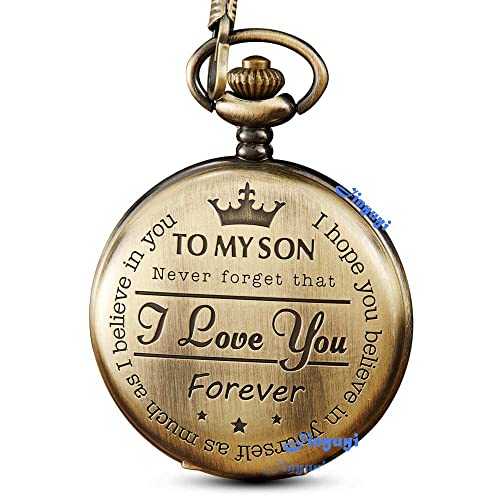 GORBEN Relojes de bolsillo grabados con texto en inglés "I Love You Forever" y cadenas de clip para llavero de cuarzo, Color dorado.,