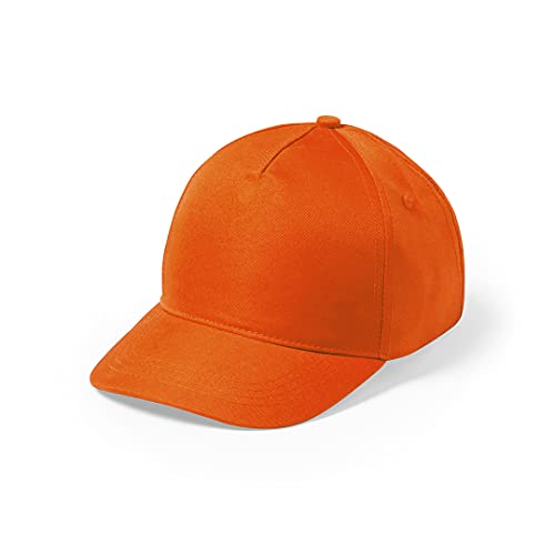 Gorra de niño de 5 Paneles en Material 100% Microfibra/poliéster de Suave Acabado y Cierre Ajustable de Velcro. con Orificios de ventilación Bordados y en variada Gama de Vivos Colores. (Naranja)