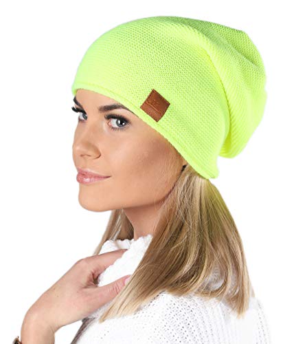 Gorro de Primavera de Invierno Fina para Mujer, Disponible en Muchos Colores, Gorro de otoño para Mujer, Gorro Largo con Gran Comodidad, 699 (Amarillo Fluorescente)