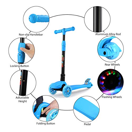 GOSFUN Patinete 3 Ruedas con LED Luces,Diseño Scooter Plegable para Niños de 3 a 12 Años,Alturas Ajustables 64-69-76-83 CM