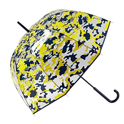 GOTTA Paraguas Transparente Largo de Mujer con Forma de cúpula. Antiviento y Manual. Estampado Camuflaje - Amarillo