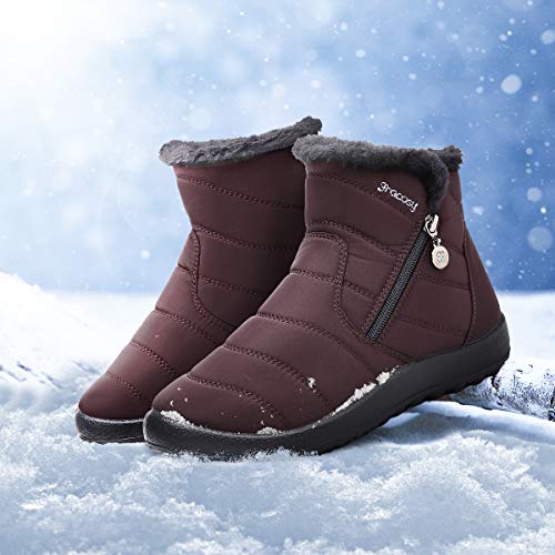 gracosy Botas de Mujer 2021 Otoño Invierno Goma Encaje Forro de Piel Punta Redonda Botas de Nieve Zapatos de Trabajo Formal Calzado Antideslizante Ligero Botines Que Caminan Café 42