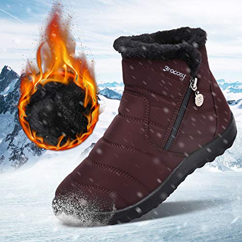 gracosy Botas de Mujer 2021 Otoño Invierno Goma Encaje Forro de Piel Punta Redonda Botas de Nieve Zapatos de Trabajo Formal Calzado Antideslizante Ligero Botines Que Caminan Café 42