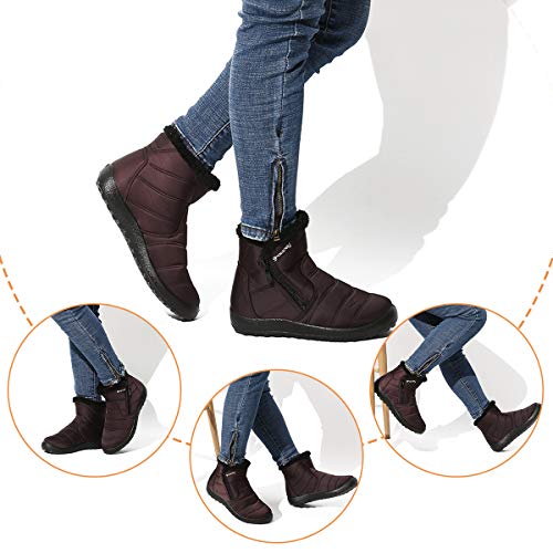 gracosy Botas de Mujer 2021 Otoño Invierno Goma Encaje Forro de Piel Punta Redonda Botas de Nieve Zapatos de Trabajo Formal Calzado Antideslizante Ligero Botines Que Caminan Café 42